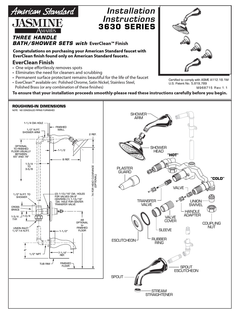 AMERICAN STANDARD JASMINE AMARILIS 3630 SERIES INSTALLATION