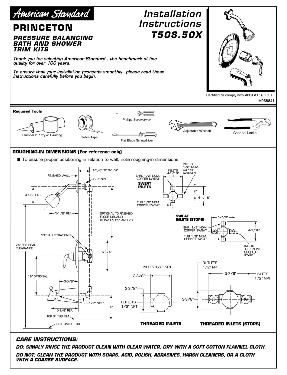 AMERICAN STANDARD PRINCETON T508.50X SERIES INSTALLATION INSTRUCTIONS