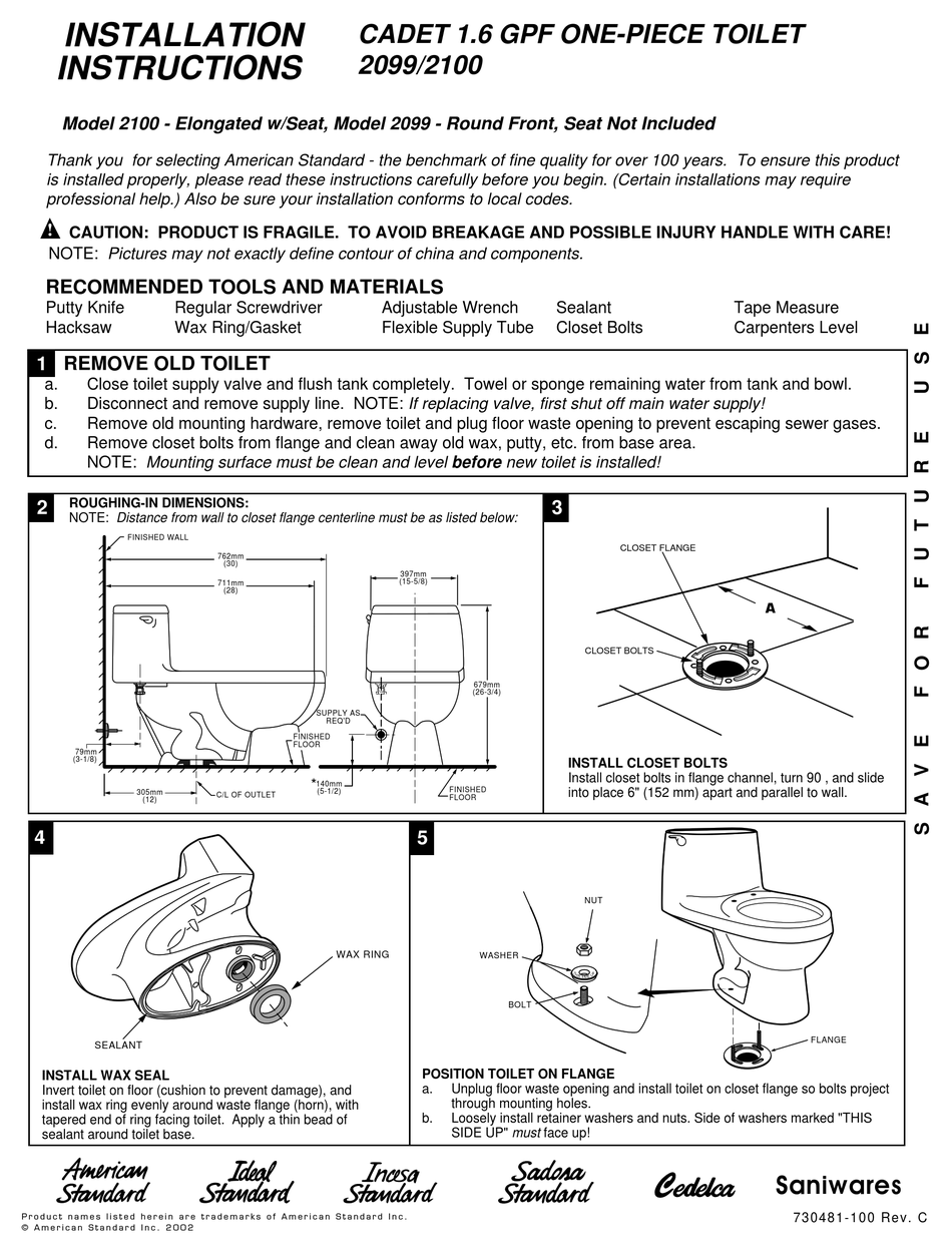 AMERICAN STANDARD 2100 INSTALLATION INSTRUCTIONS Pdf Download | ManualsLib