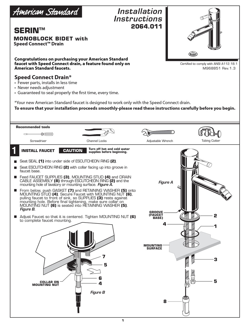 AMERICAN STANDARD MONOBLOCK BIDET 2064.011 INSTALLATION INSTRUCTIONS