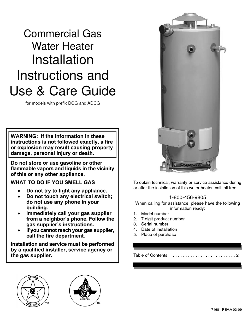 AMERICAN WATER HEATER 71681 INSTALLATION INSTRUCTIONS AND USE & CARE
