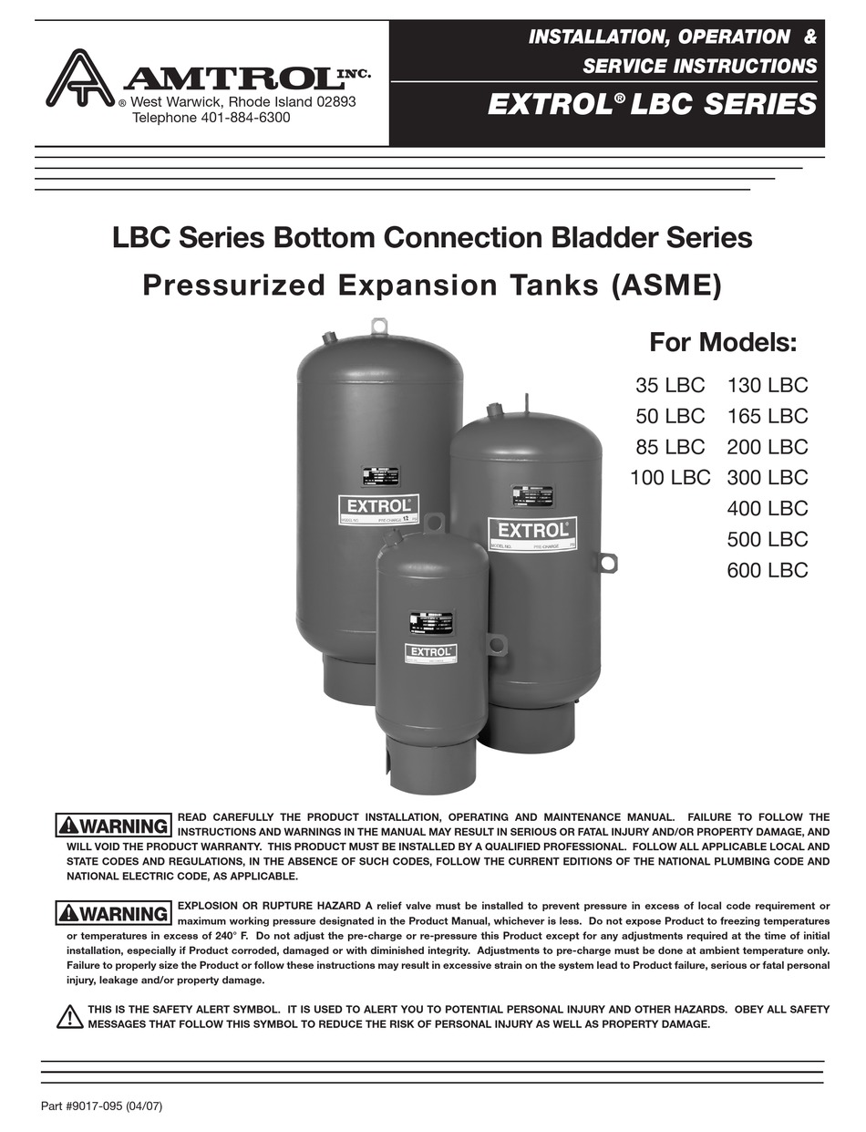 AMTROL EXTROL 100 LBC INSTALLATION & OPERATION INSTRUCTION Pdf Download