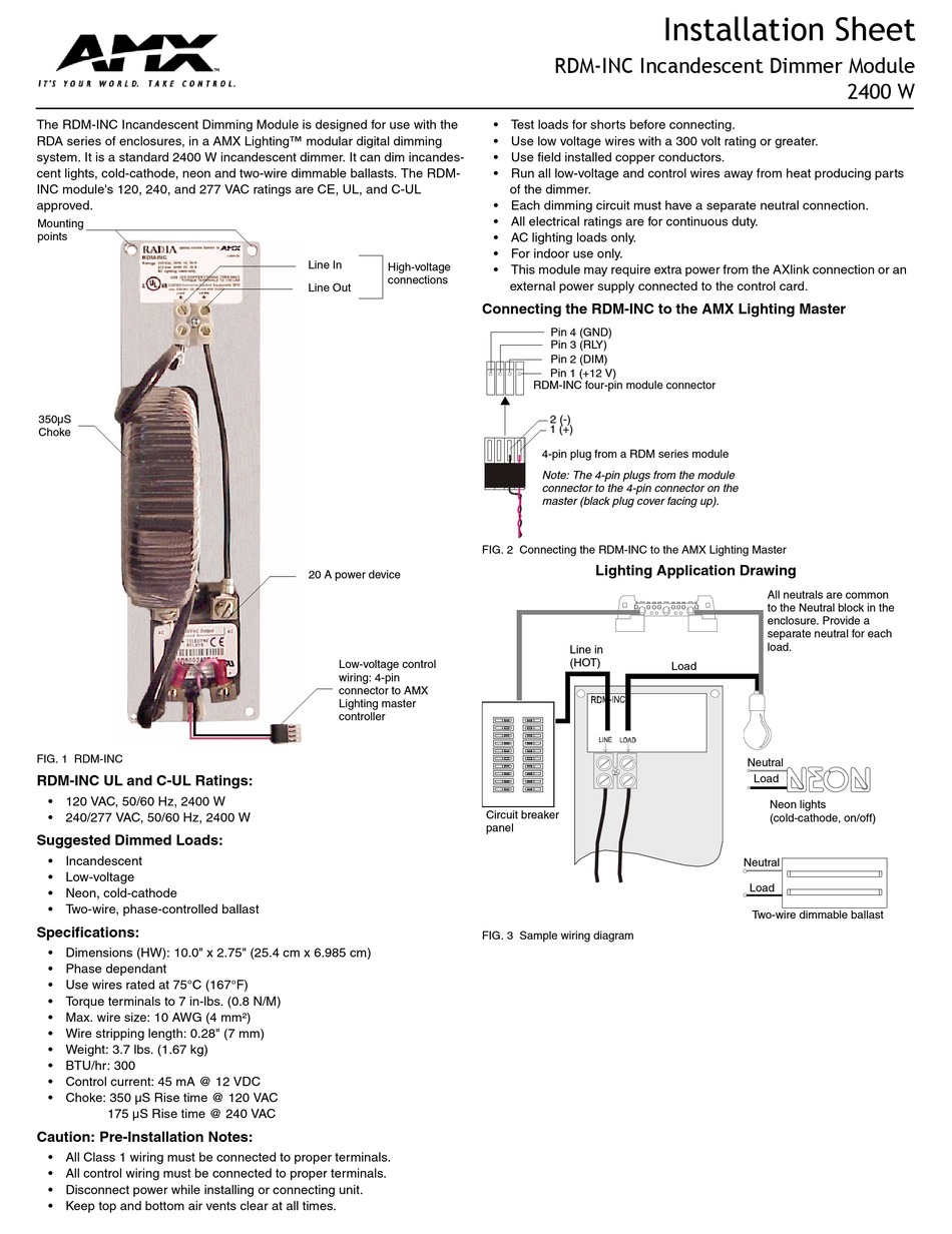 AMX INCANDESCENT DIMMER MODULE RDMINC INSTALLATION SHEET Pdf Download