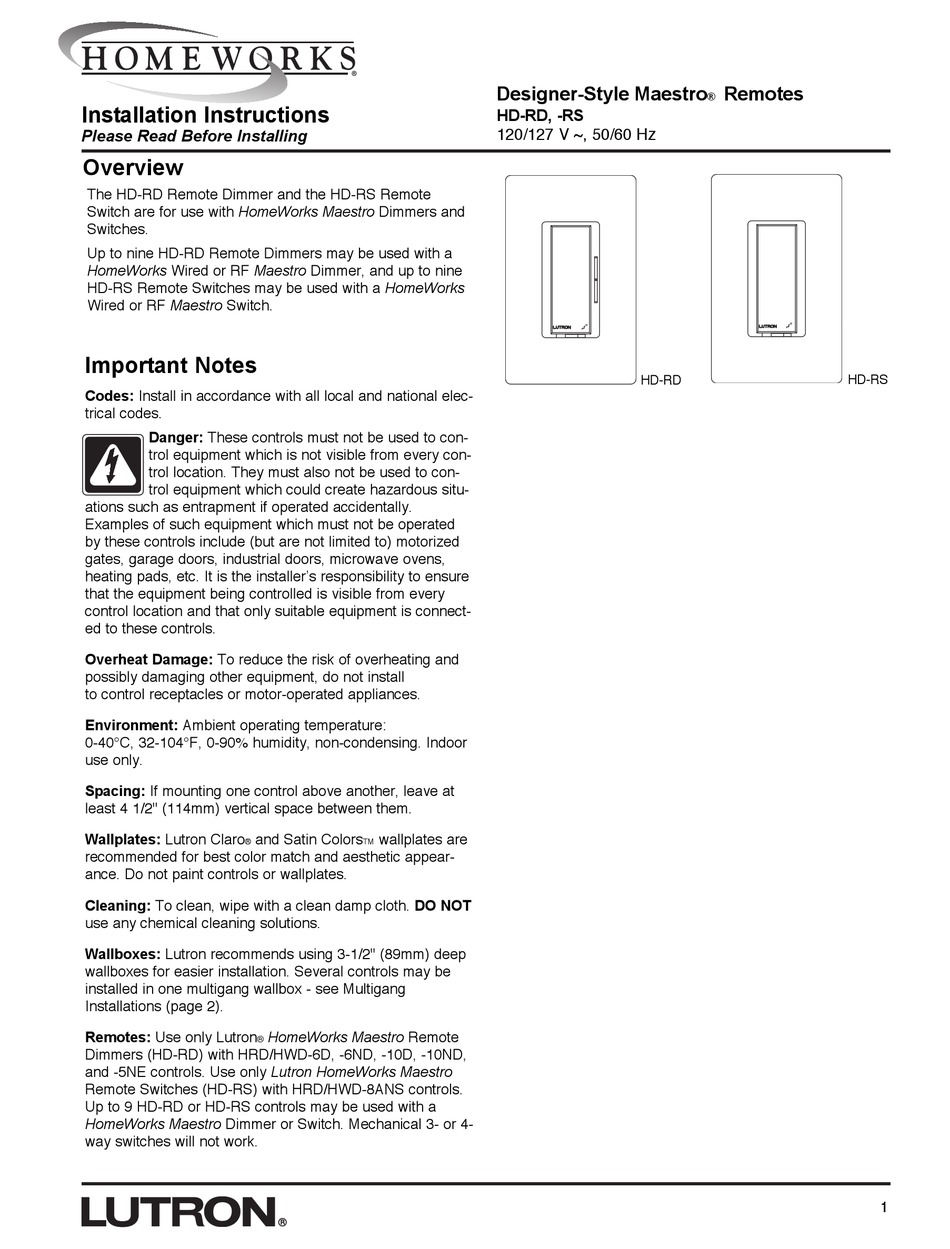 LUTRON ELECTRONICS HDRD INSTALLATION INSTRUCTIONS MANUAL Pdf Download