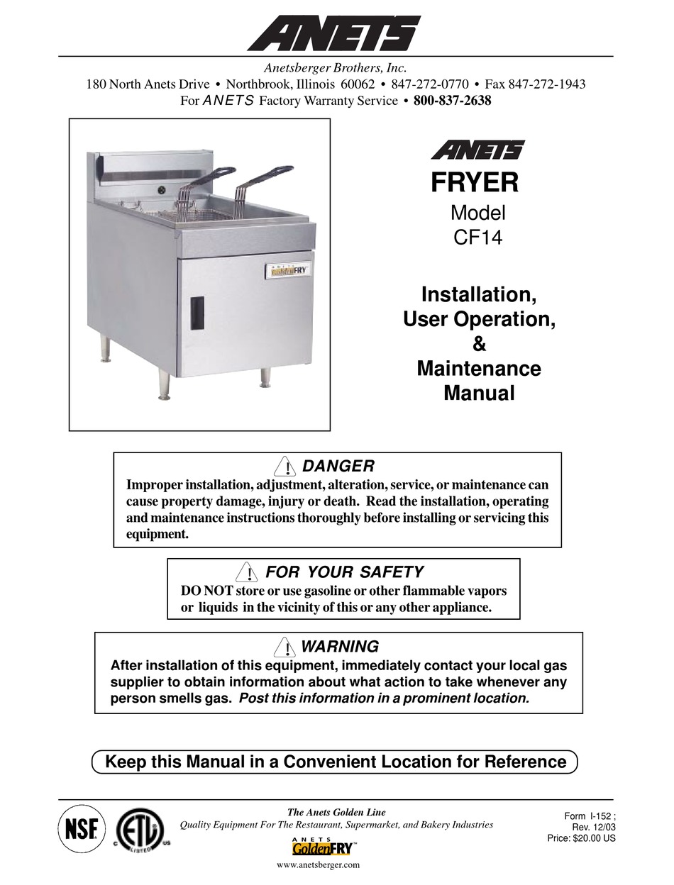 BROTHERS CF14 INSTALLATION, USER OPERATION & MAINTENANCE