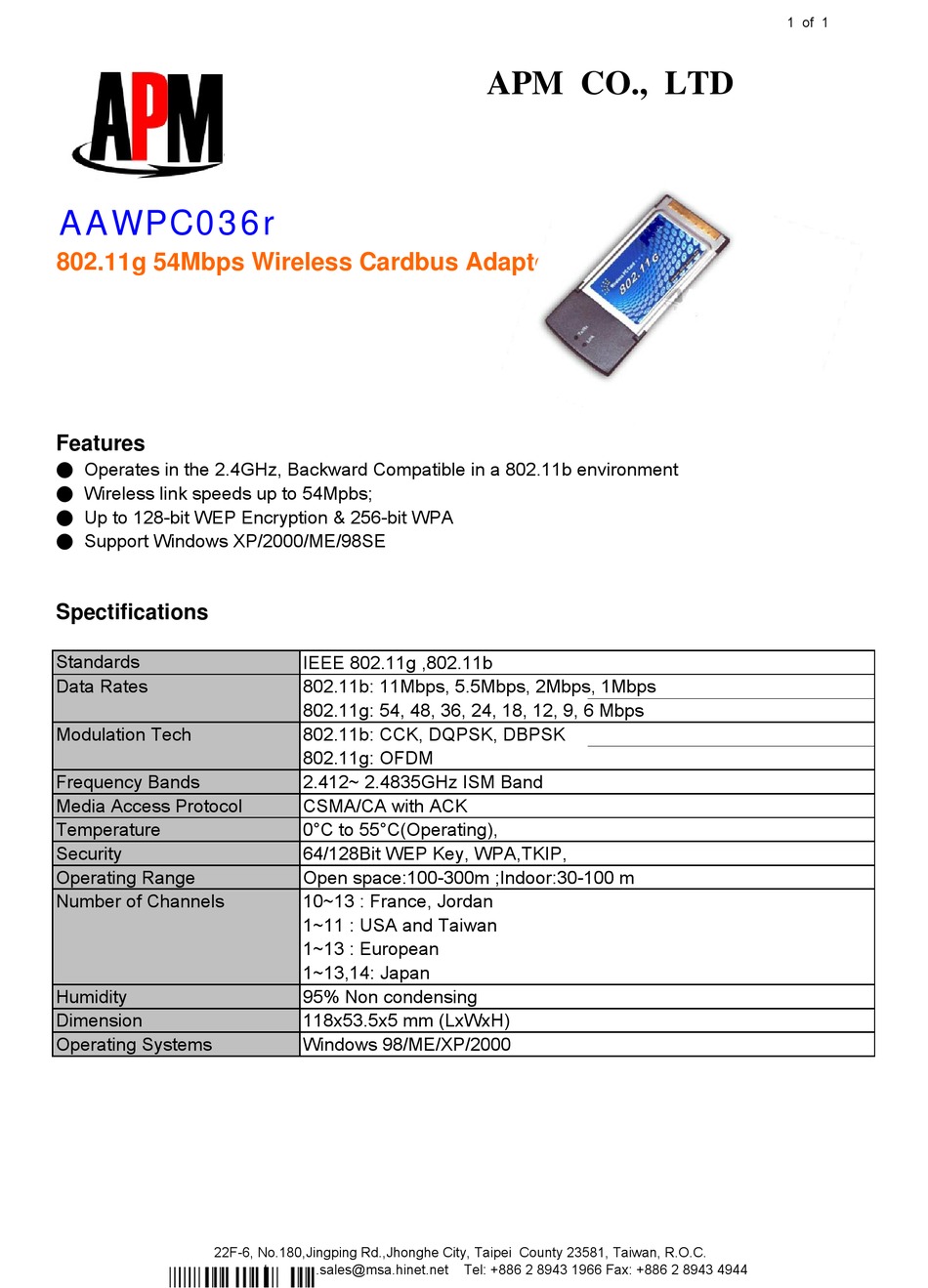 apm-802-11g-54mbps-wireless-cardbus-adapter-aawpc036r-specifications