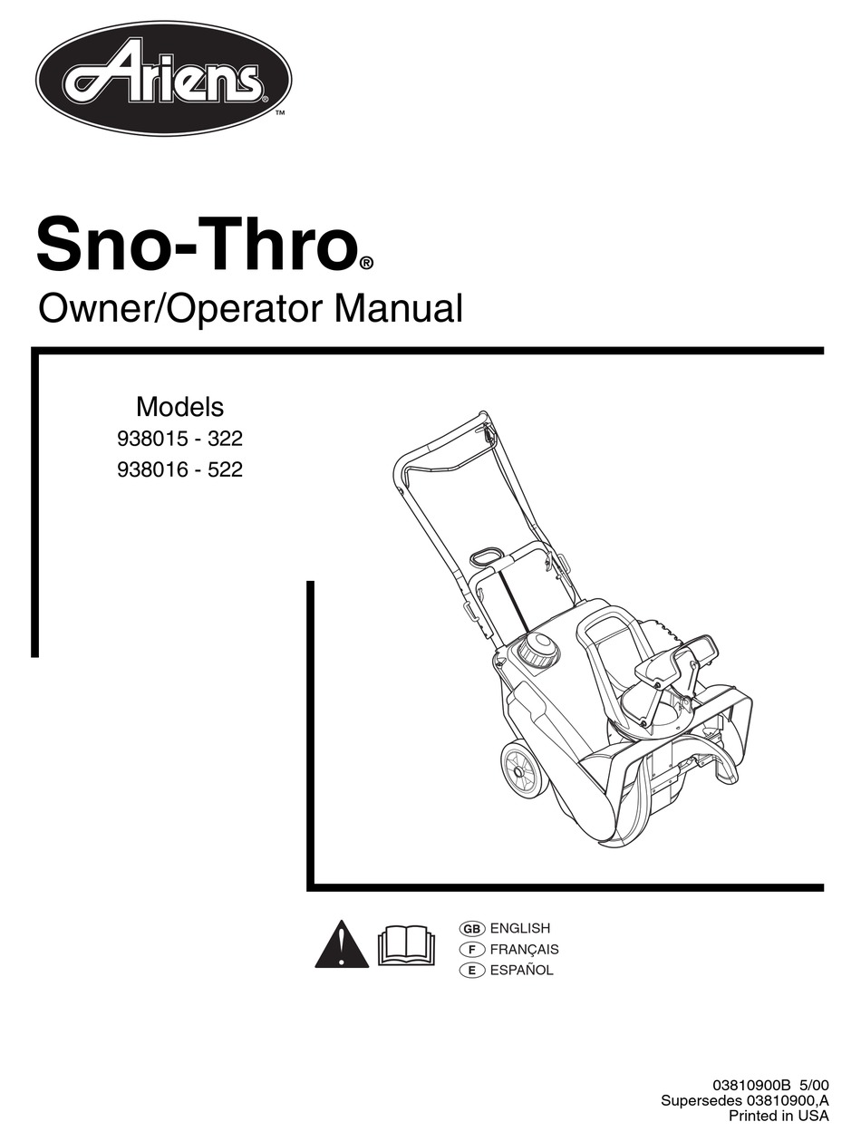 ARIENS SNOTHRO 938016 522 OWNER'S/OPERATOR'S MANUAL Pdf Download