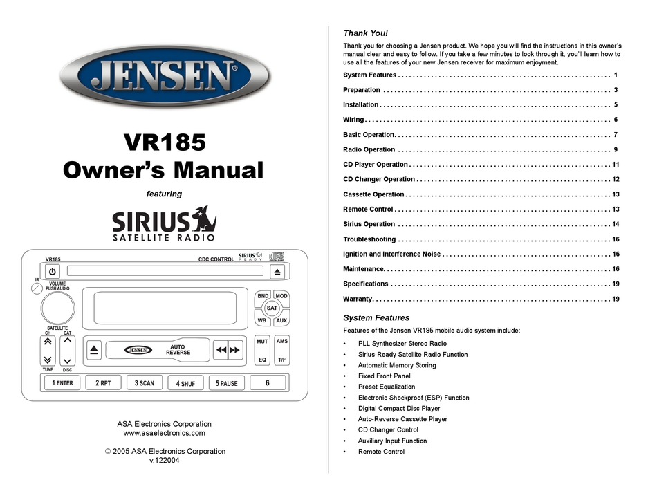 JENSEN VR185 OWNER