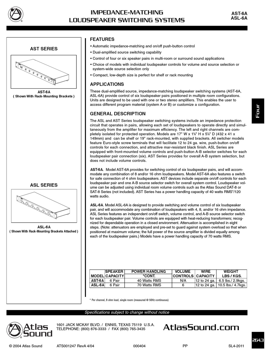 Atlas Loudspeaker Switching System Asl-6a Specifications Pdf Download 