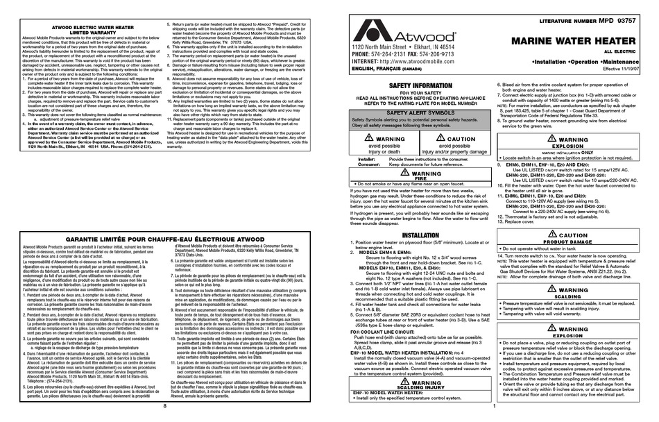 ATWOOD E20 INSTALLATION, OPERATION AND MAINTENANCE MANUAL Pdf Download