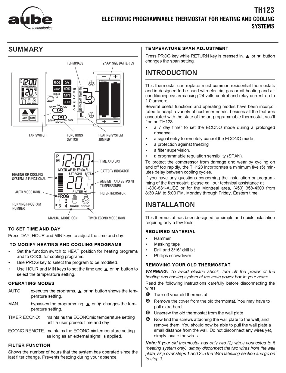 Aube Technologies Th123 Owner S Manual Pdf Download Manualslib