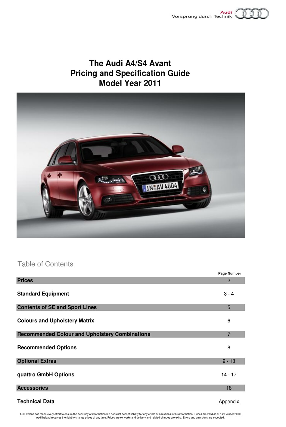 AUDI A4 PRICING AND SPECIFICATION MANUAL Pdf Download | ManualsLib