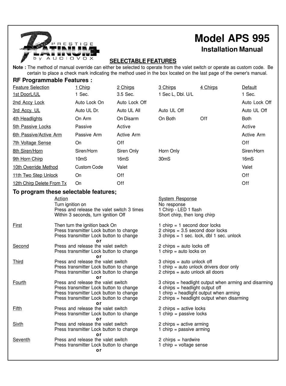 AUDIOVOX PRESTIGE PLATINUM APS 995 INSTALLATION MANUAL Pdf Download