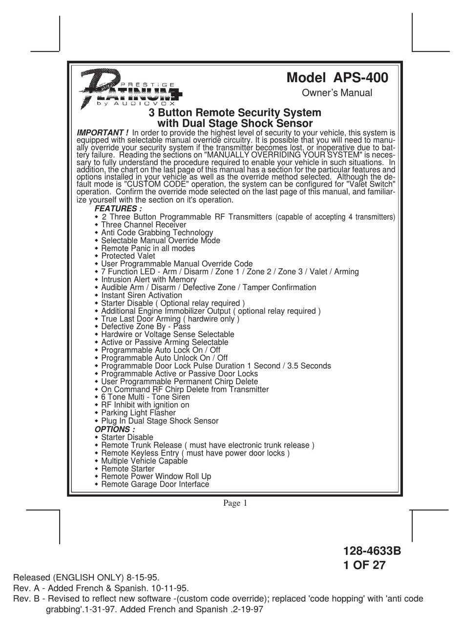 AUDIOVOX PRESTIGE PLATINUM 128-4633B OWNER'S MANUAL Pdf Download ...