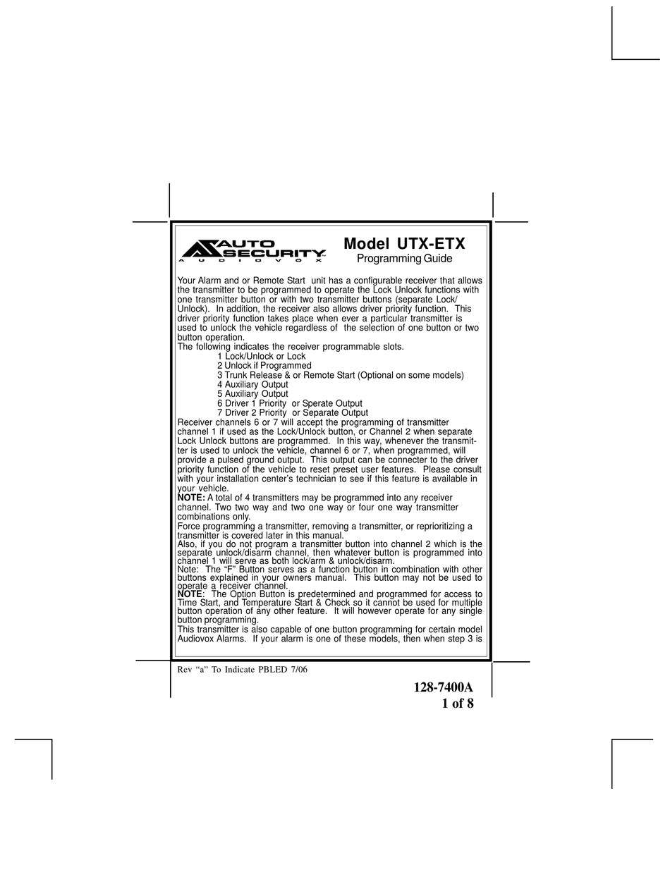 AUDIOVOX UTX-ETX PROGRAMMING MANUAL Pdf Download | ManualsLib