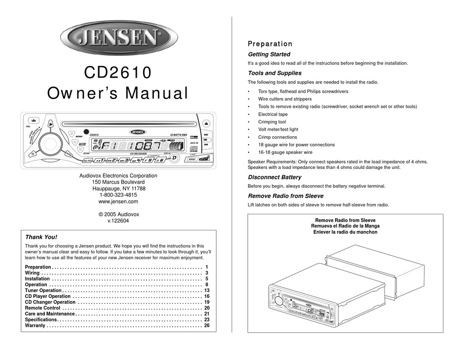 AUDIOVOX JENSEN CD2610 OWNER'S MANUAL Pdf Download | ManualsLib