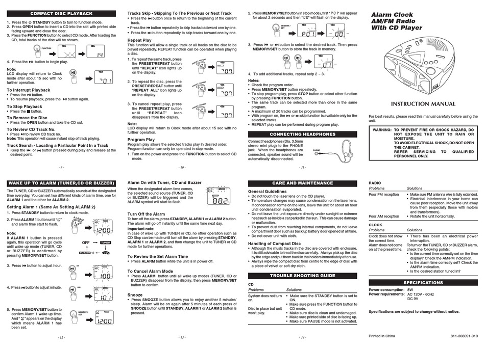 AUDIOVOX ALARM CLOCK AM/FM WITH CD PLAYER INSTRUCTION MANUAL Pdf