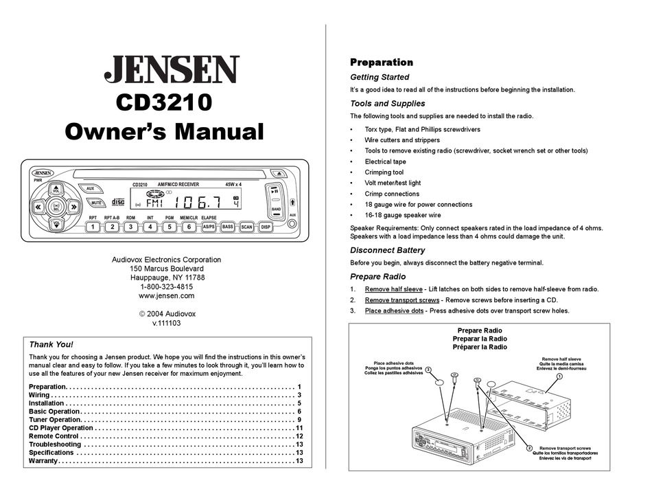 AUDIOVOX JENSEN CD3210 OWNER'S MANUAL Pdf Download ManualsLib