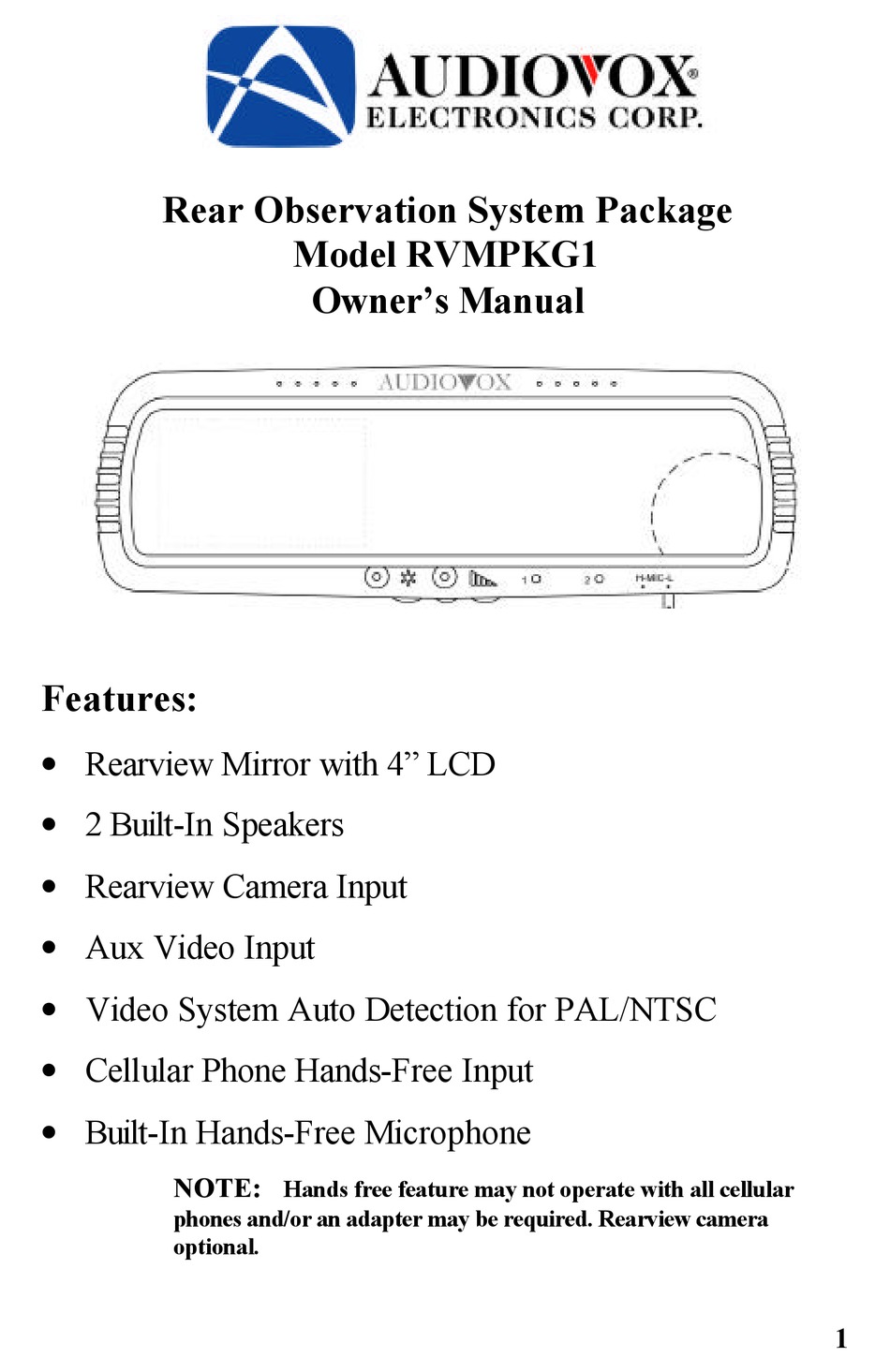 AUDIOVOX RVMPKG1 OWNER'S MANUAL Pdf Download | ManualsLib