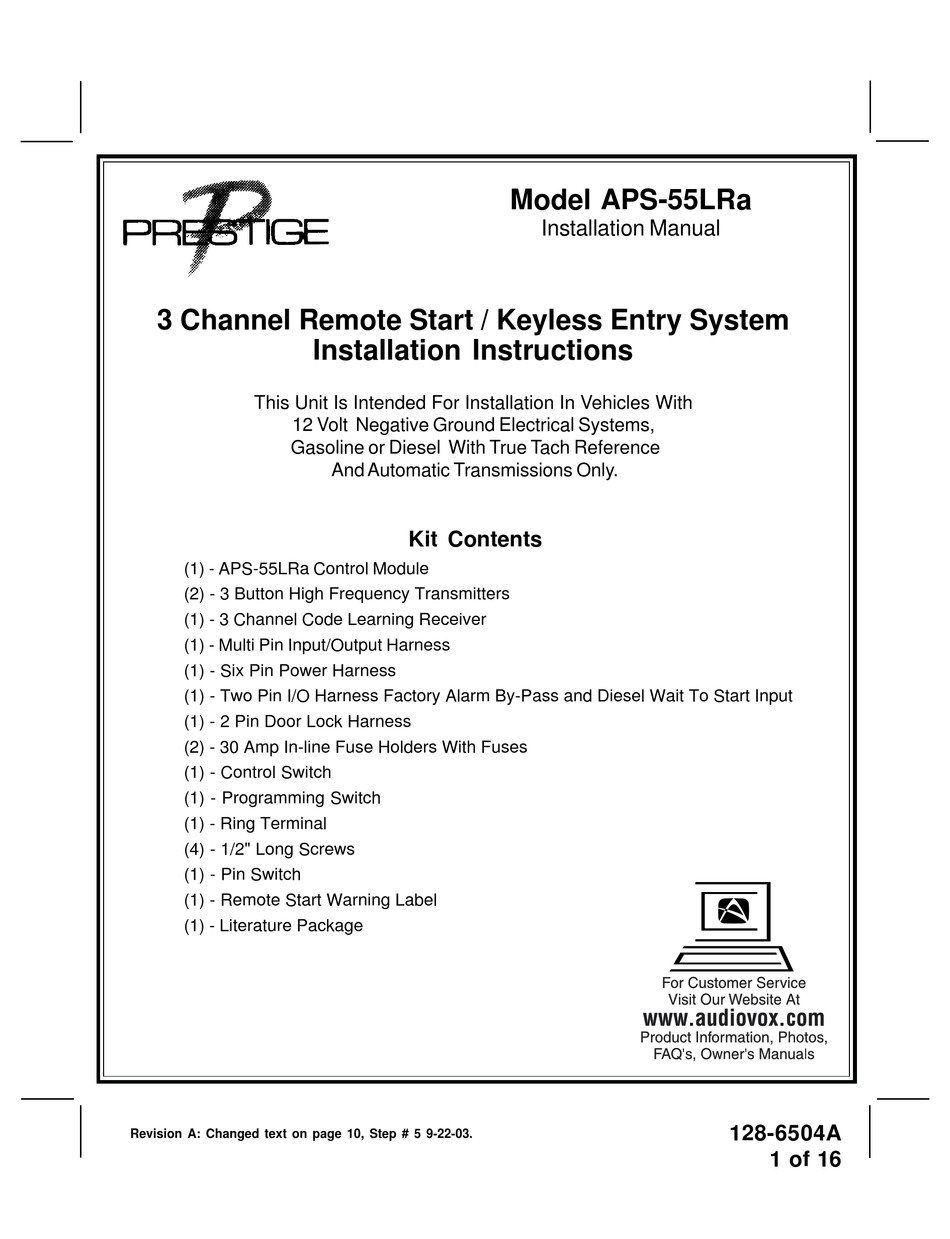 prestige remote start manual