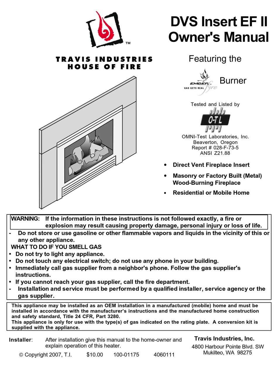 TRAVIS INDUSTRIES DVS INSERT EF II OWNER'S MANUAL Pdf Download | ManualsLib