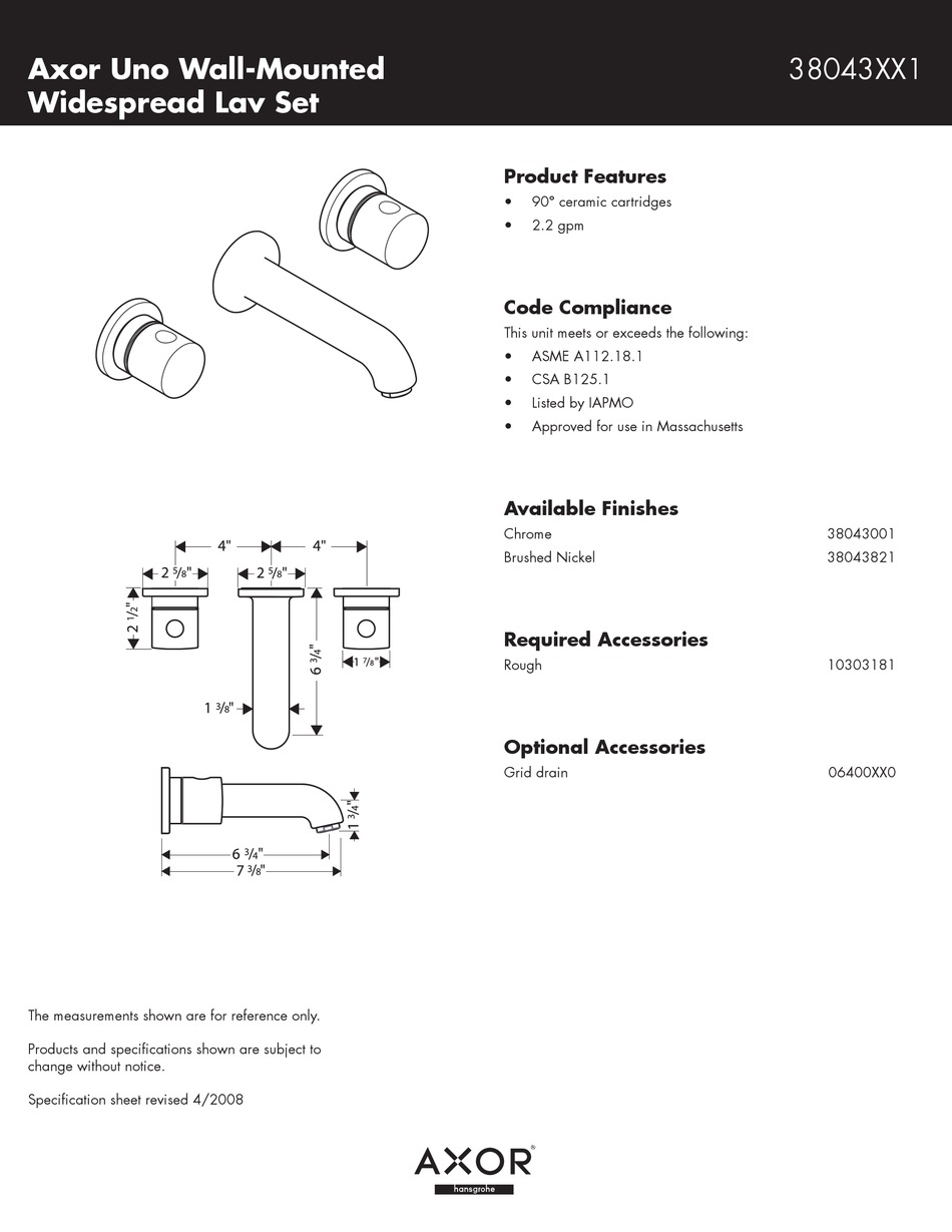 AXOR WALLMOUNTED WIDESPREAD FAUCET SET 38043001 SPECIFICATION SHEET