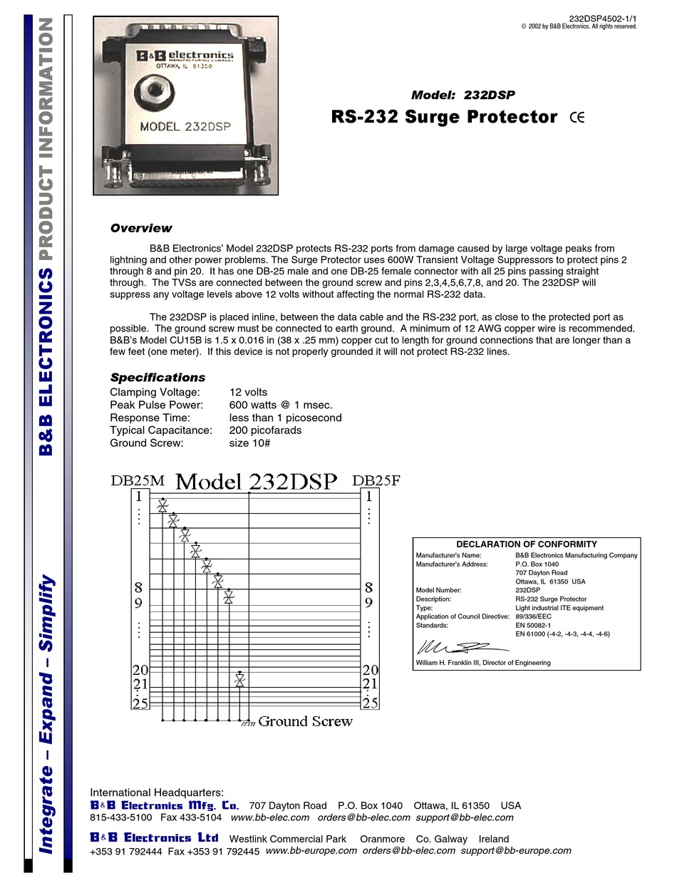 B&B ELECTRONICS 232DSP PRODUCT INFORMATION Pdf Download | ManualsLib