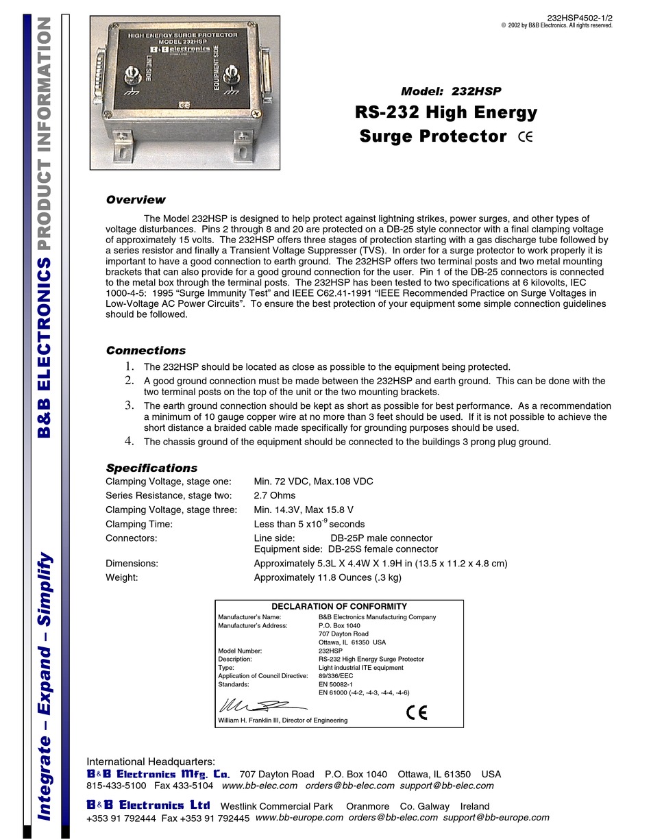 B&B ELECTRONICS 232HSP PRODUCT INFORMATION Pdf Download | ManualsLib