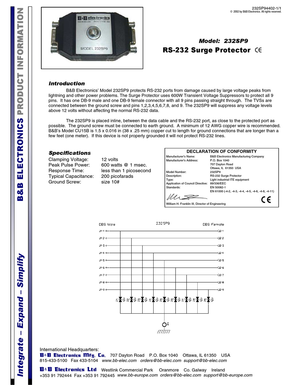 B&B ELECTRONICS 232SP9 PRODUCT INFORMATION Pdf Download | ManualsLib