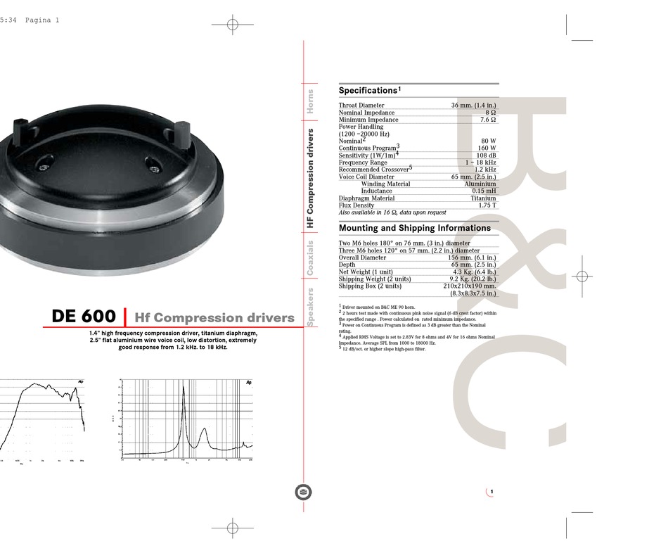 B&C SPEAKERS COMPRESSION DRIVERS DE 600 SPECIFICATIONS Pdf Download