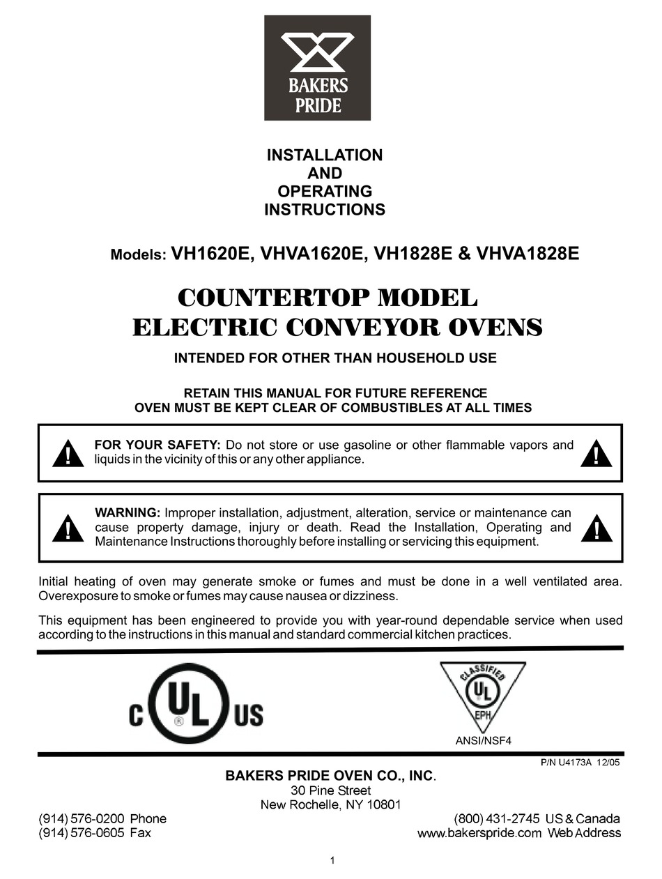 BAKERS PRIDE VH1620E INSTALLATION AND OPERATING INSTRUCTIONS MANUAL Pdf