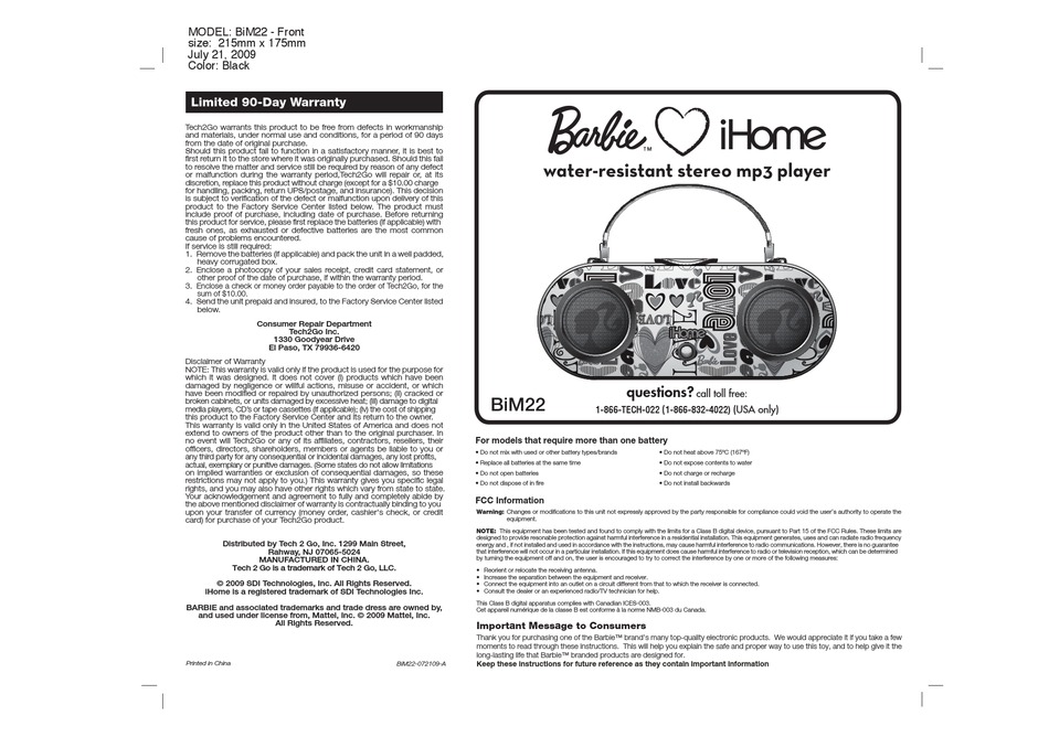 BARBIE IHOME BIM22 USER MANUAL Pdf Download | ManualsLib