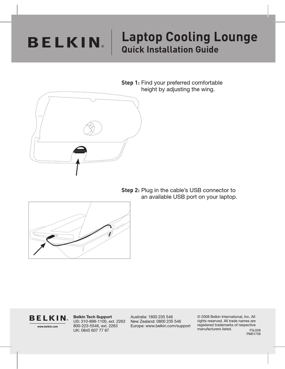 BELKIN LAPTOP COOLING LOUNGE F5L028 QUICK INSTALLATION MANUAL Pdf