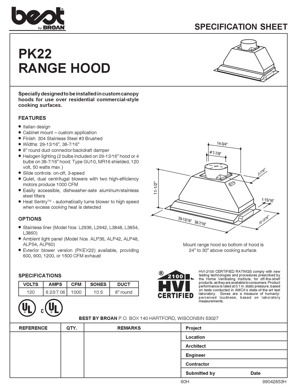 BROAN BEST PK22 SPECIFICATION SHEET Pdf Download | ManualsLib