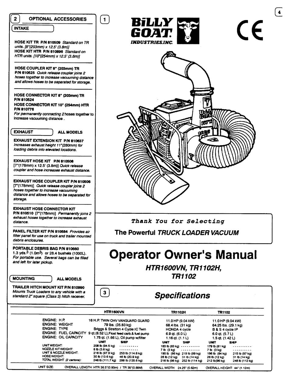 BILLY GOAT TRUCK LOADER VACUUM Owner's Manual, 48% OFF