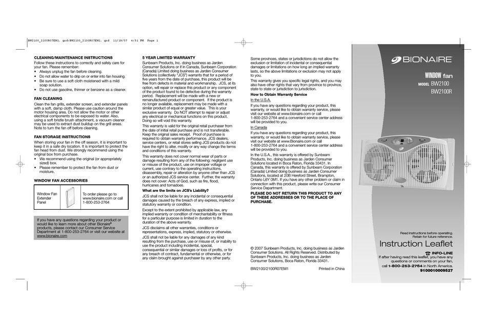 BIONAIRE BW2100 INSTRUCTION LEAFLET Pdf Download ManualsLib