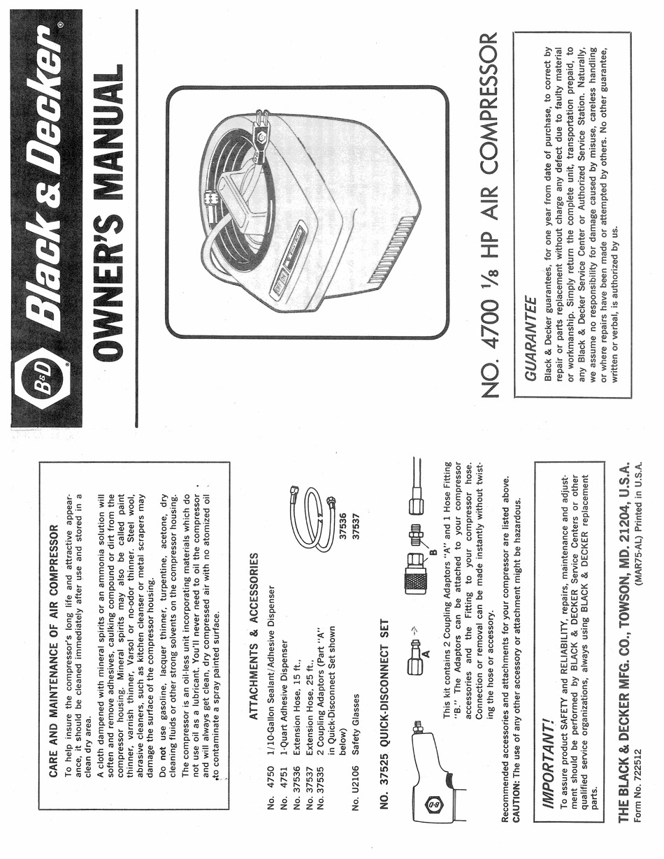Black & Decker Instruction Manual Air Station Inflator / Compresser 9527
