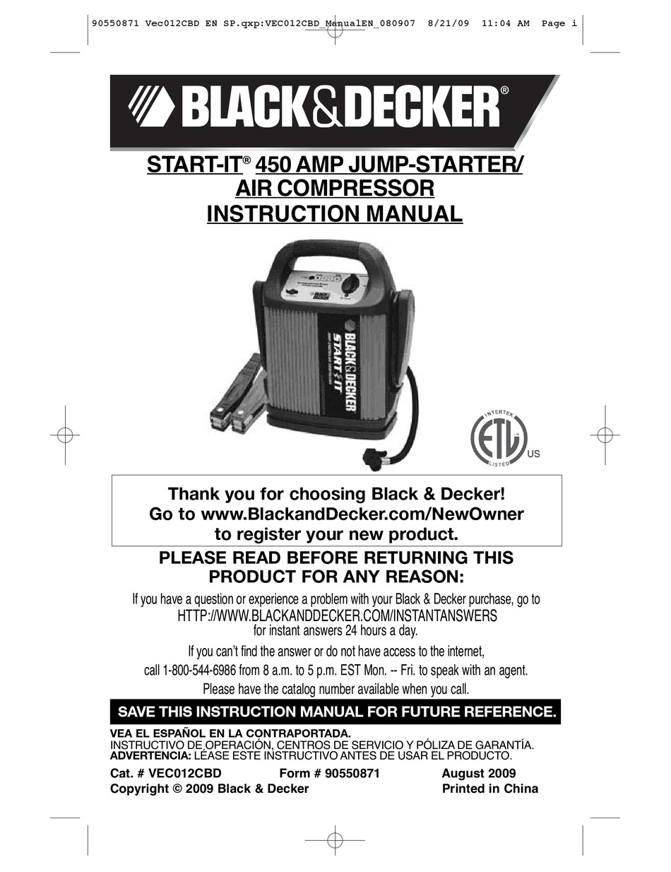BLACK & DECKER START-IT VEC010BD USER MANUAL Pdf Download