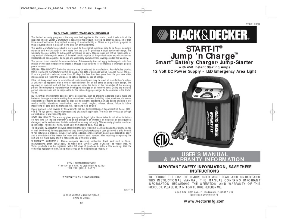 Black & Decker VEC010BD Jump Starter Replacement Battery w/ Nut