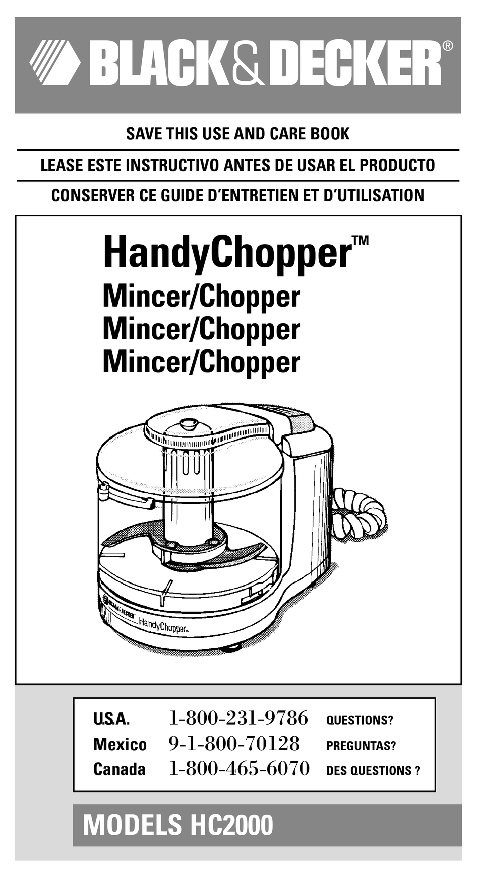 BLACK & DECKER HANDYCHOPPER HC2000 USE AND CARE BOOK MANUAL Pdf Download