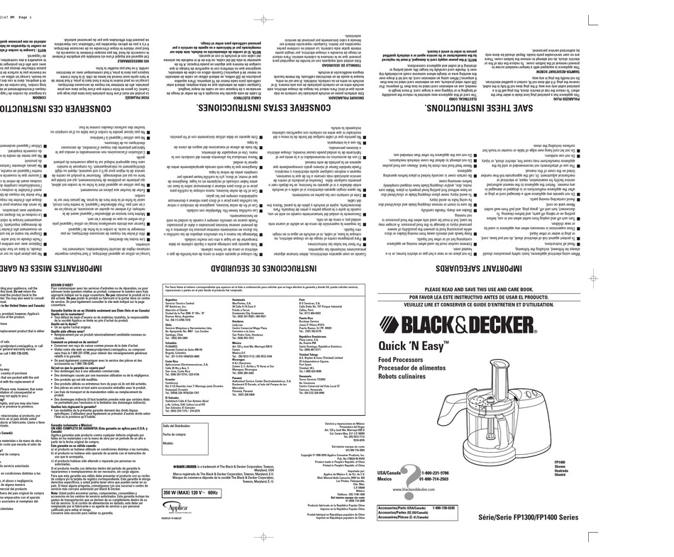 BLACK & DECKER Quick N Easy Food Processor FP 1300