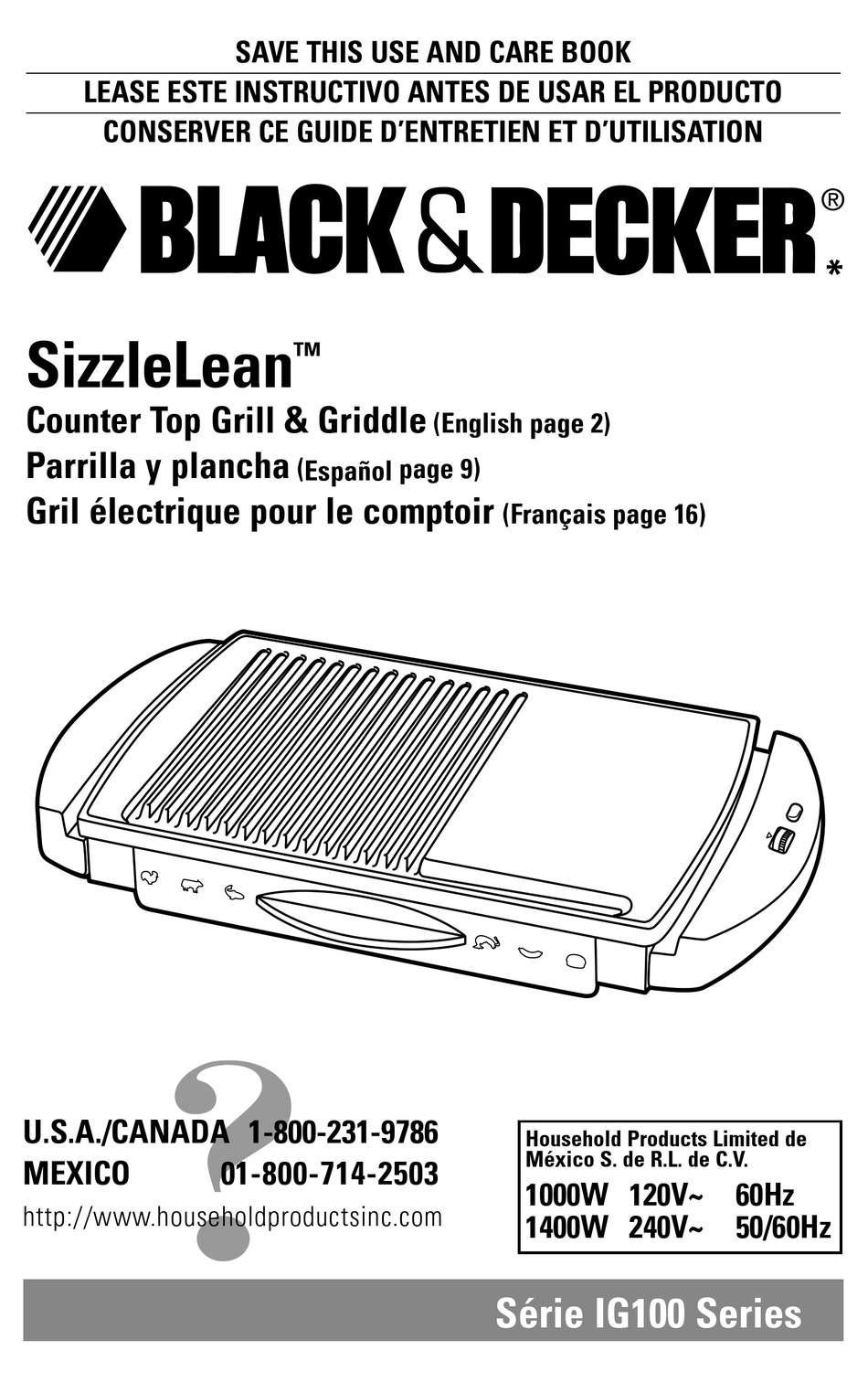 Favorite Recipes Black Decker SizzleLean IG100 Series Use And