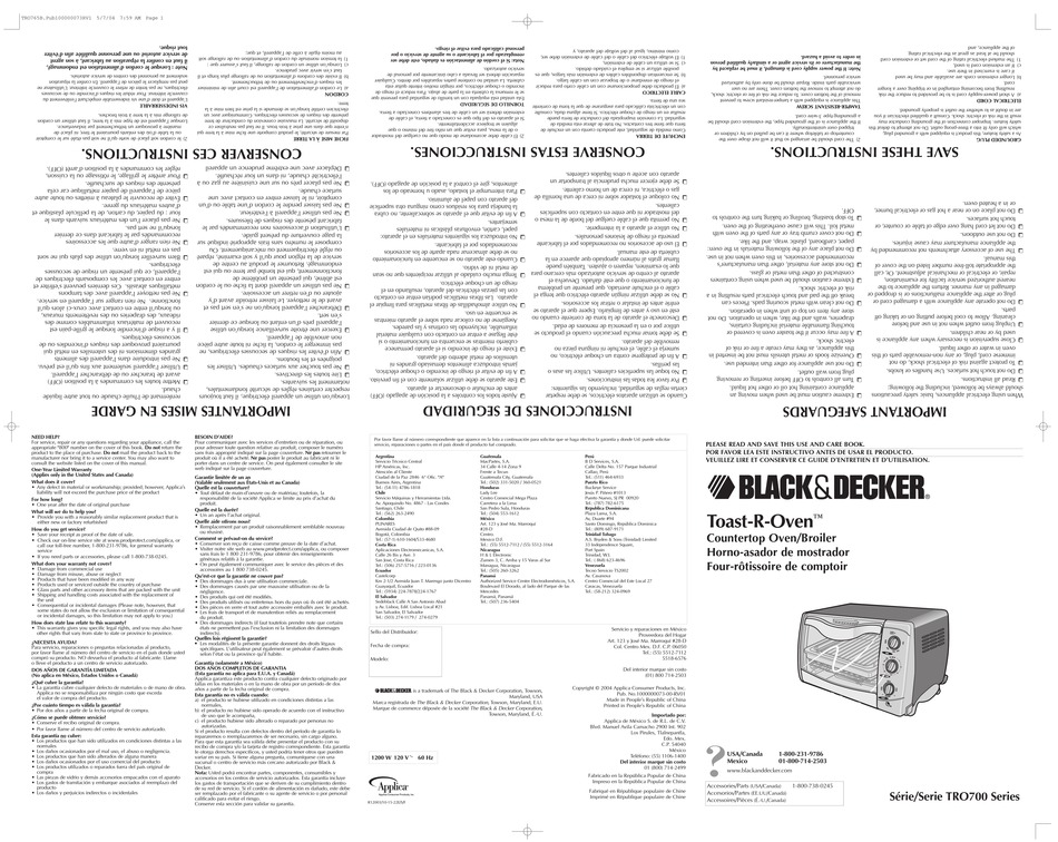 BLACK & DECKER TOAST-R-OVEN TRO490BC USE AND CARE BOOK MANUAL Pdf