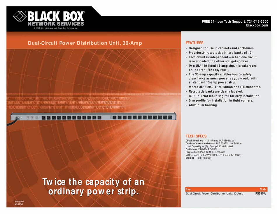 BLACK BOX DUALCIRCUIT POWER DISTRIBUTION UNIT SPECIFICATION SHEET Pdf