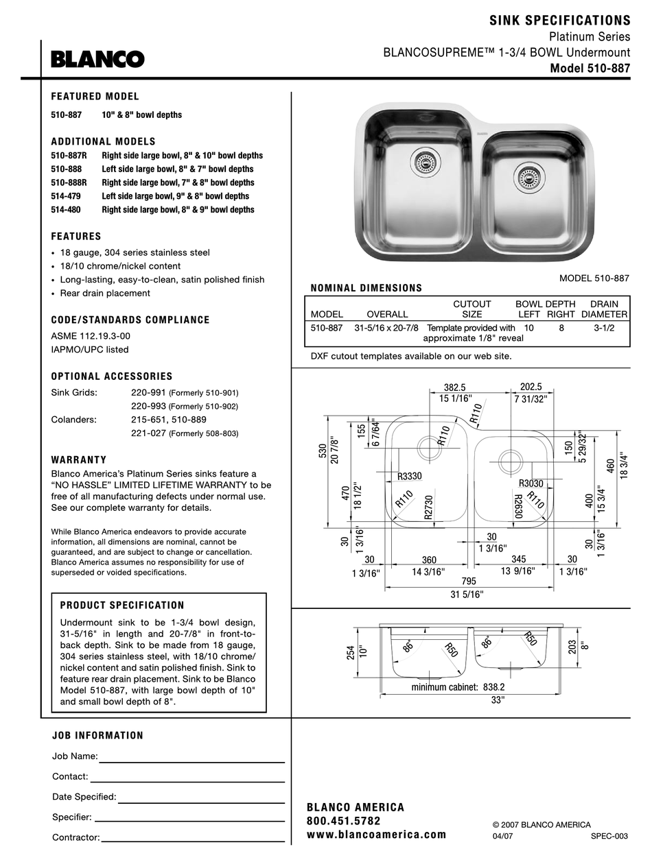 BLANCO PLATINUM SERIES SINK 510887 SPECIFICATIONS Pdf Download