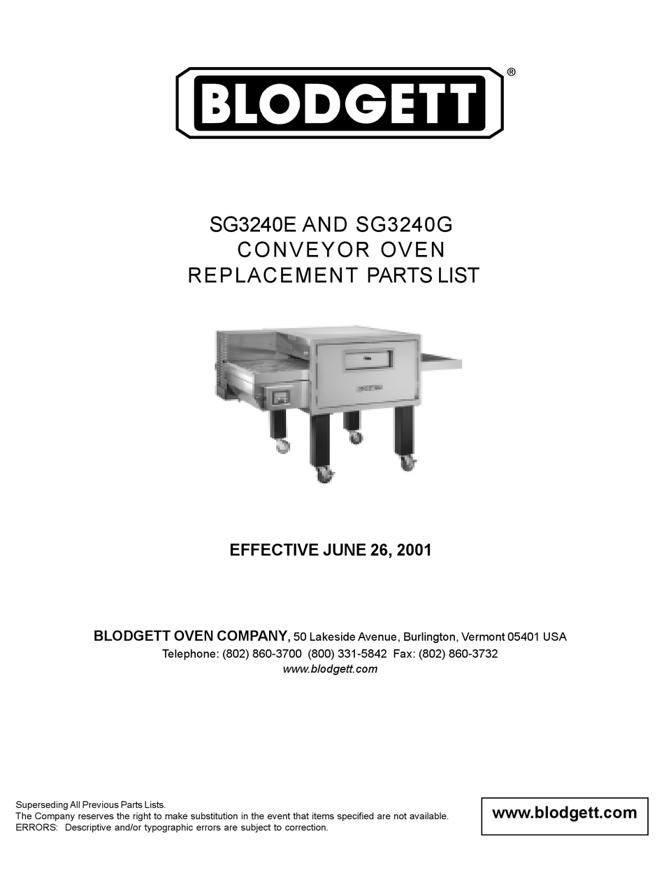 BLODGETT SG3240E REPLACEMENT PARTS LIST MANUAL Pdf Download ManualsLib