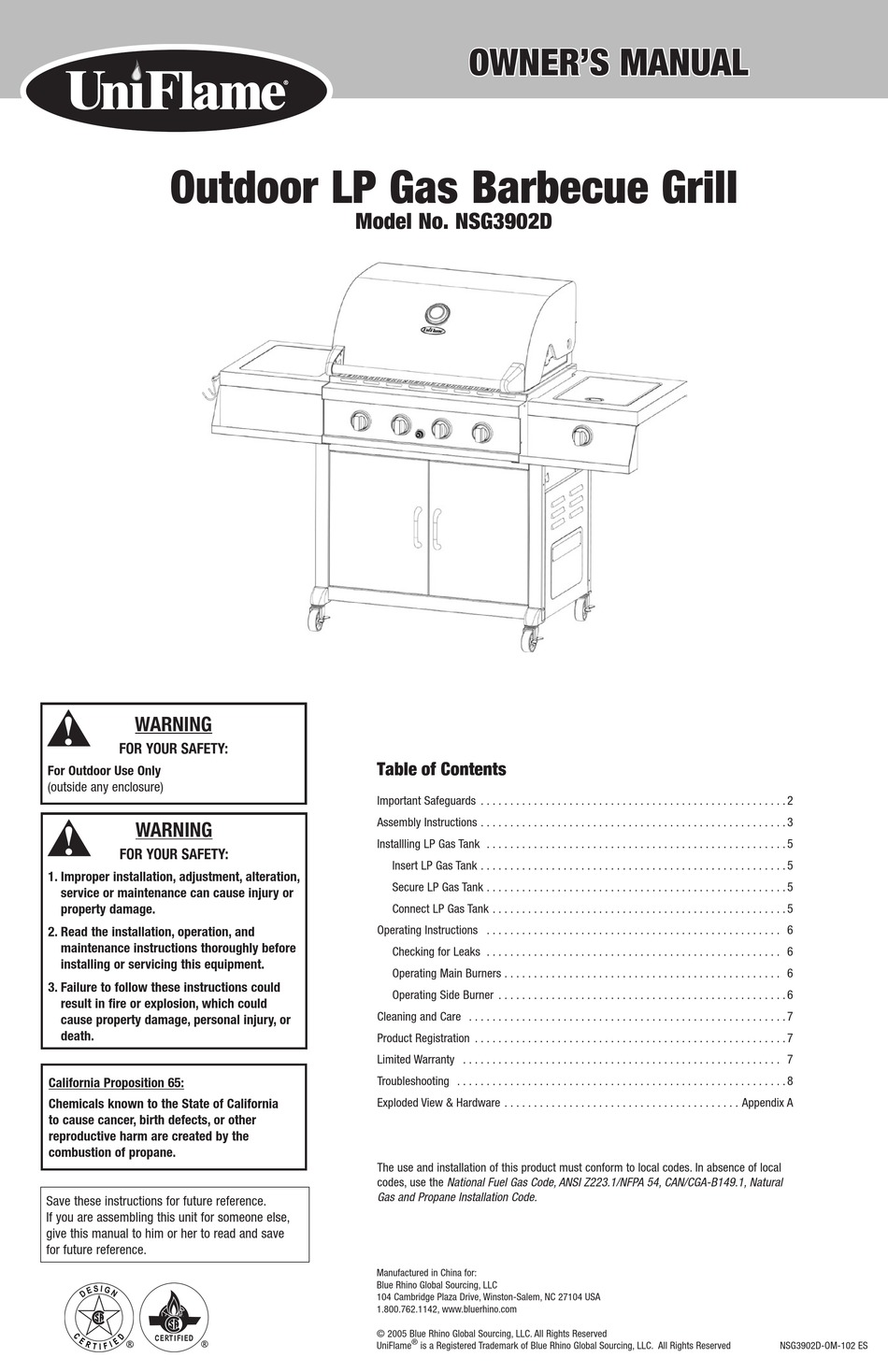 BLUE RHINO UNIFLAME NSG3902D OWNER'S MANUAL Pdf Download | ManualsLib