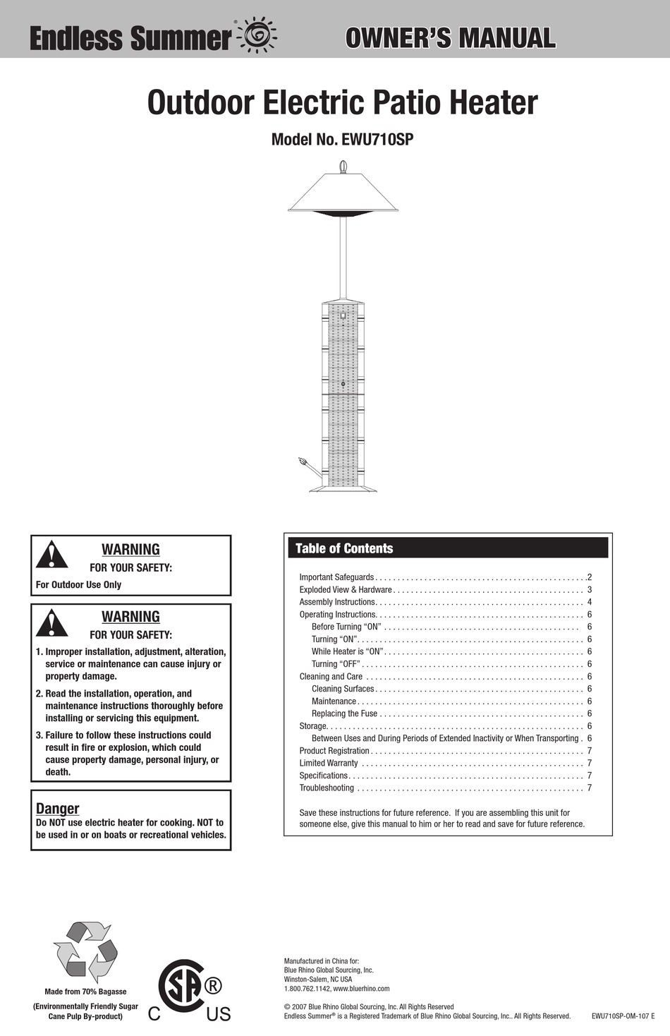 BLUE RHINO ENDLESS SUMMER EWU710SP OWNER'S MANUAL Pdf Download | ManualsLib