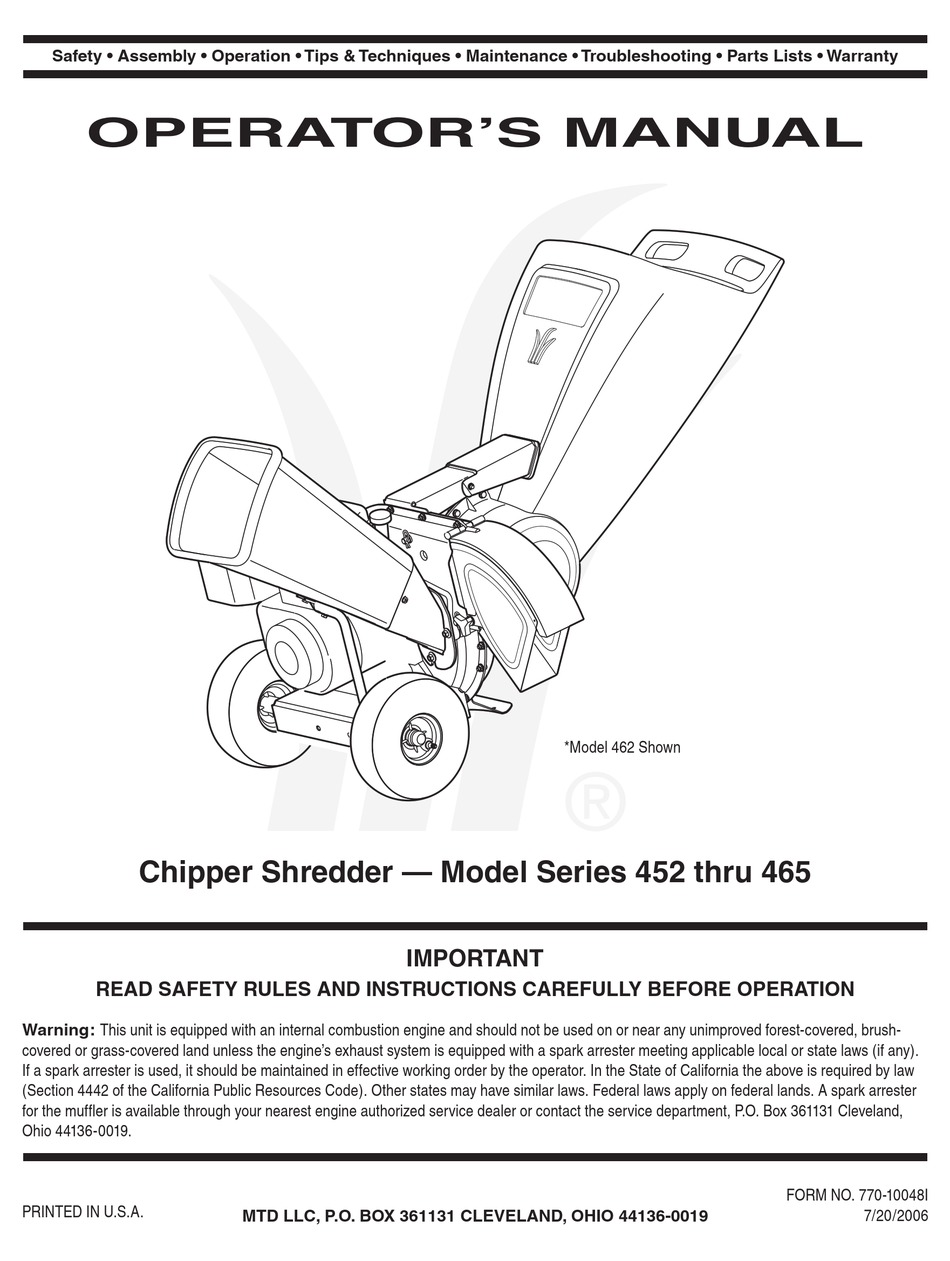 Model manual. Шредер МТД 460. MTD LLC P.O Box 361131 Cleveland Ohio 44136. Измельчитель MTD 465 инструкция. MTD снегоуборщик po Box 361131 краткая характеристика.