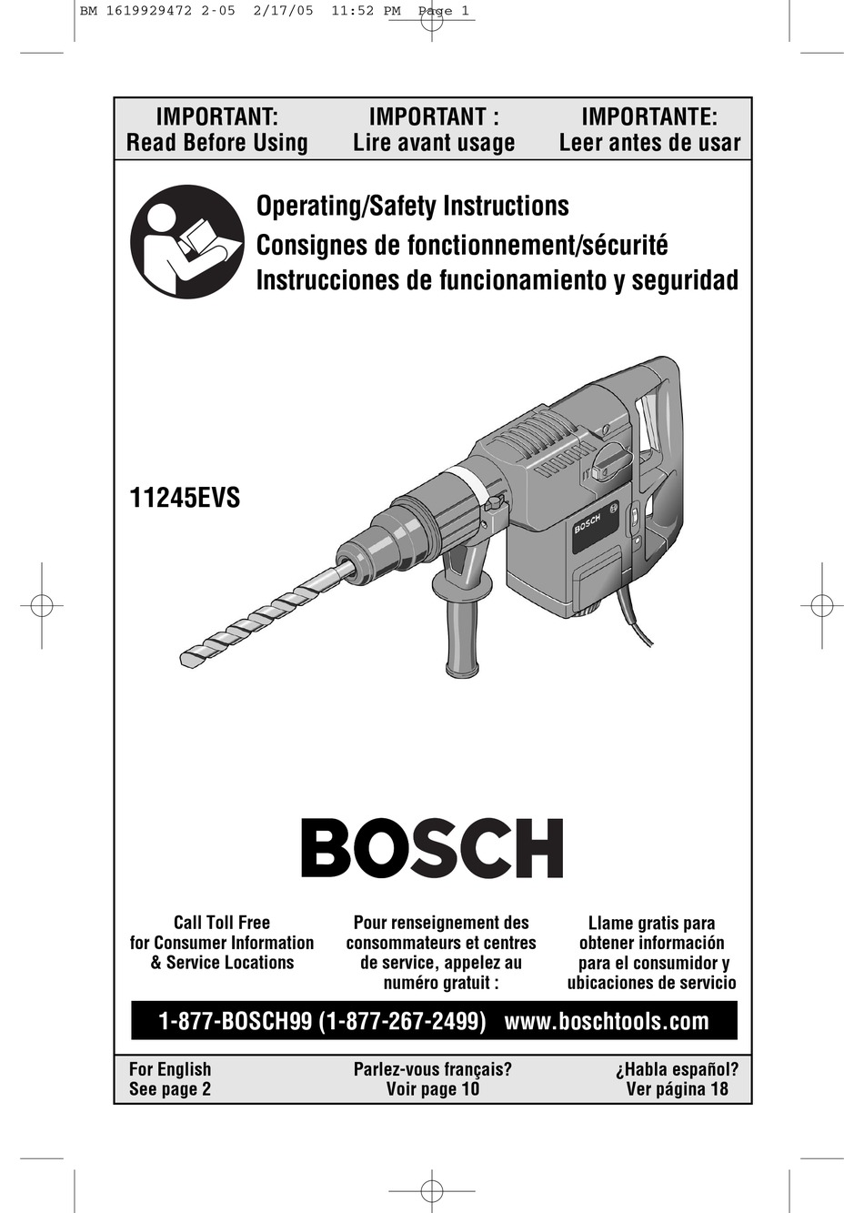 BOSCH 11245EVS OPERATING/SAFETY INSTRUCTIONS MANUAL Pdf Download
